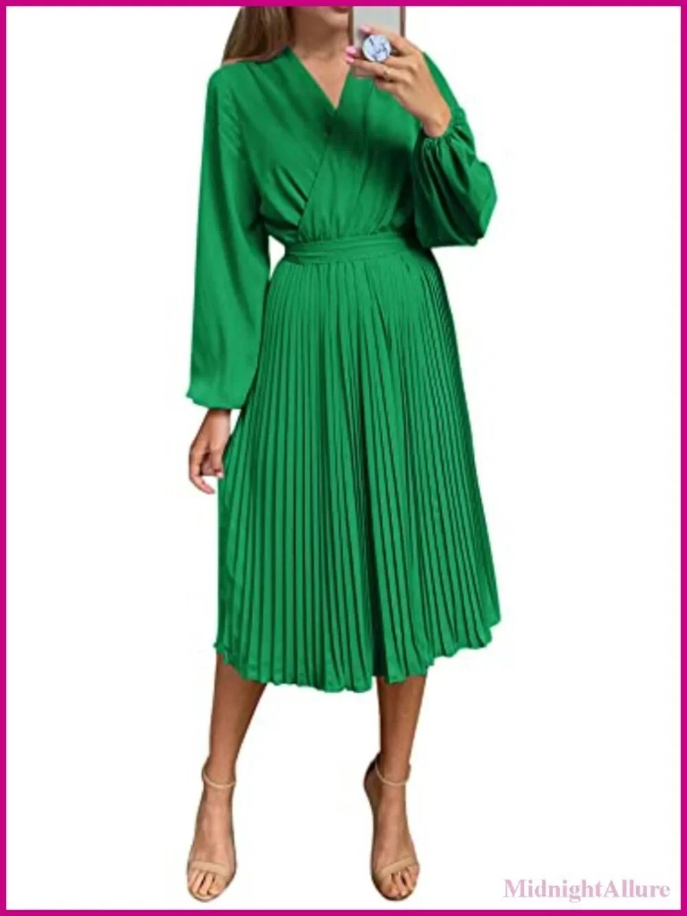 Women's V-Neck Puff Sleeve Midi Wrap Dress Flowy Ruffle Pleated